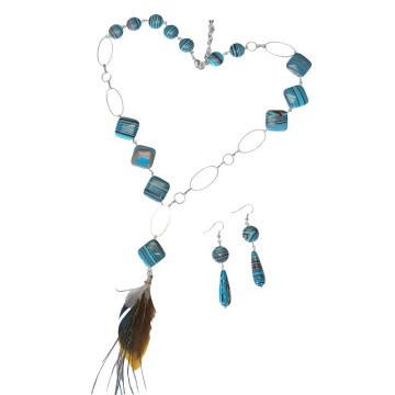 Handmade Blue Gemstone Stripped Stone Necklace and Eearring Set